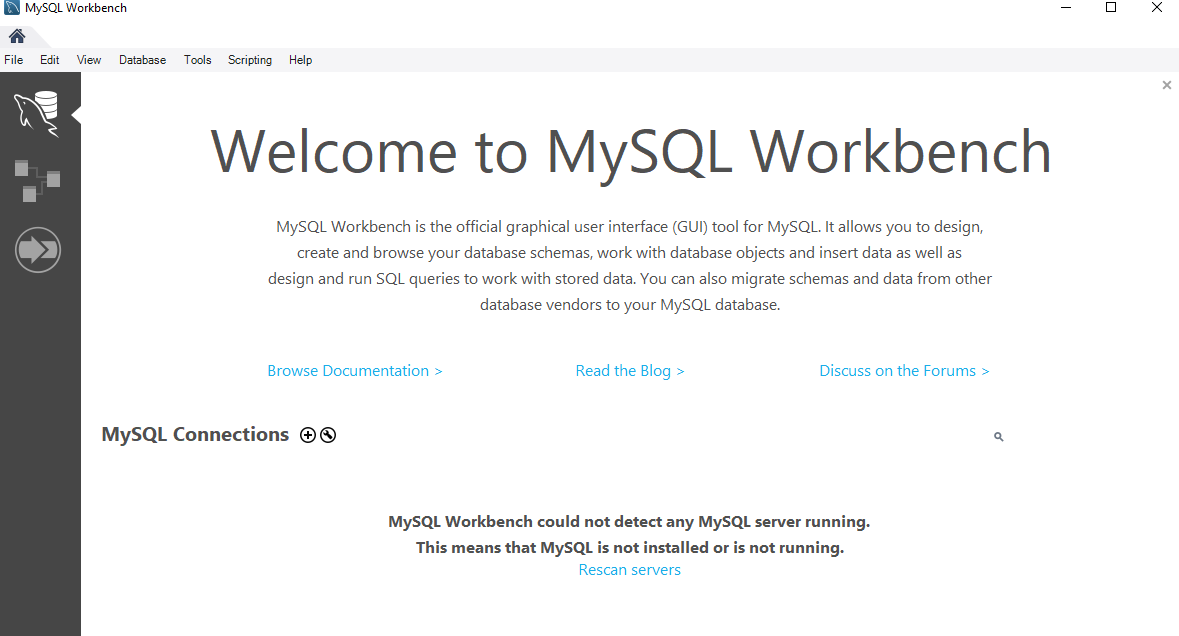 MySQL Workbench front page view