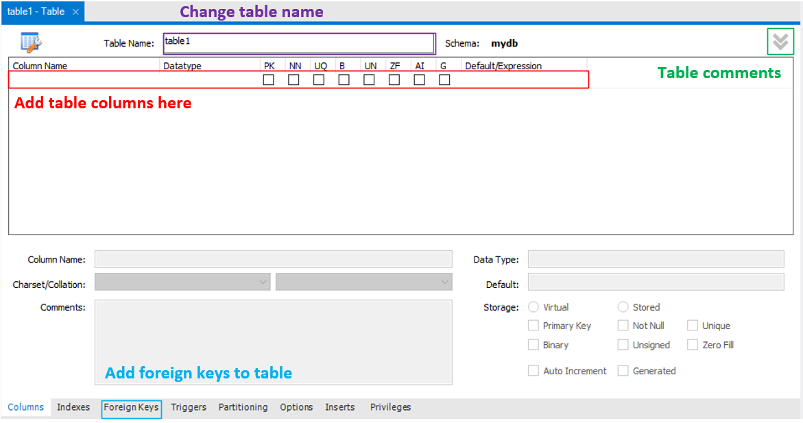 Table properties window